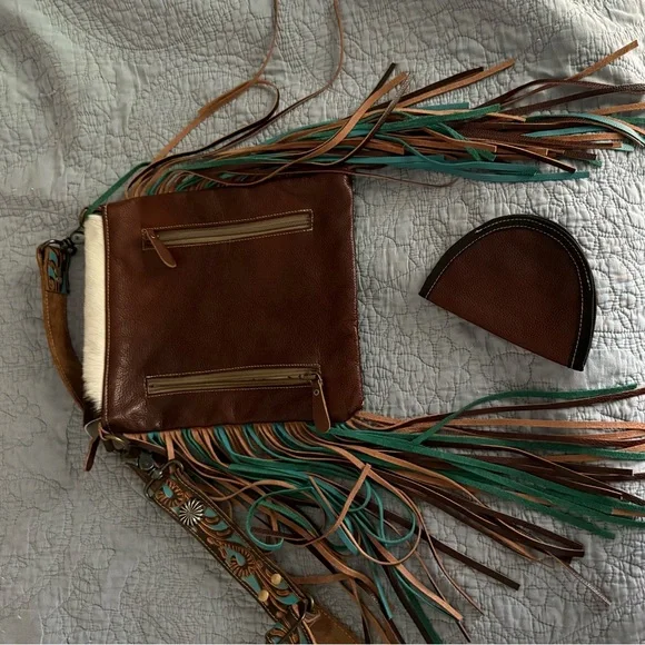Myra Brown and Teal Fringe Leather Bag - Picture 2 of 3